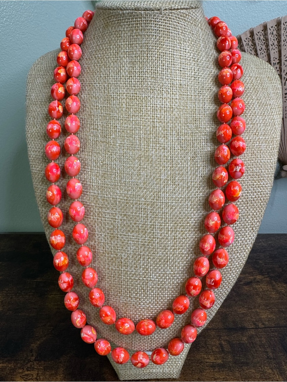 Single Strand Coral Red Acrylic Beaded Necklace 52” Flapper Easter Egg Retro